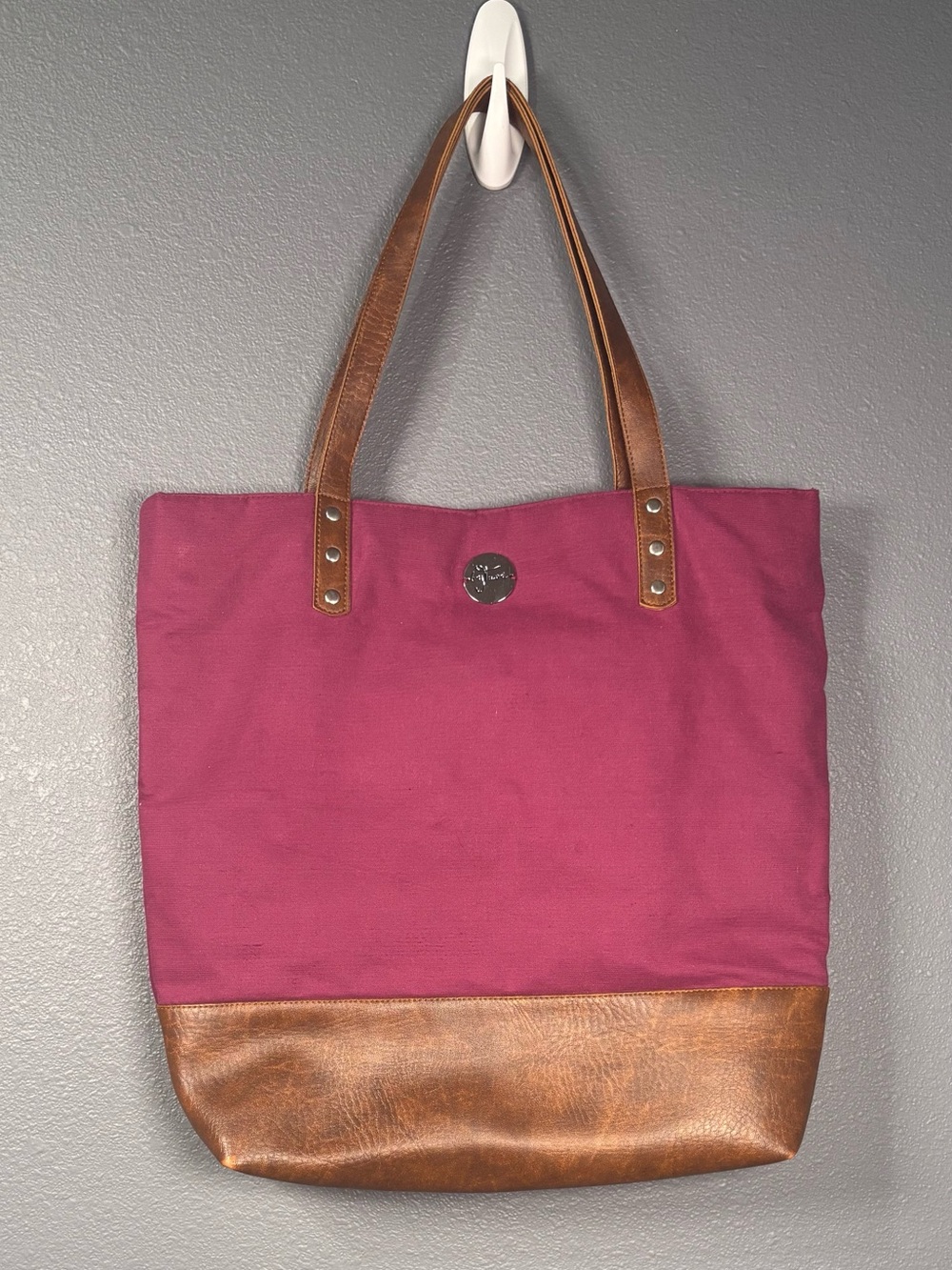 BYTAVI Magenta Canvas Tote with Brown Vegan Leather Trim